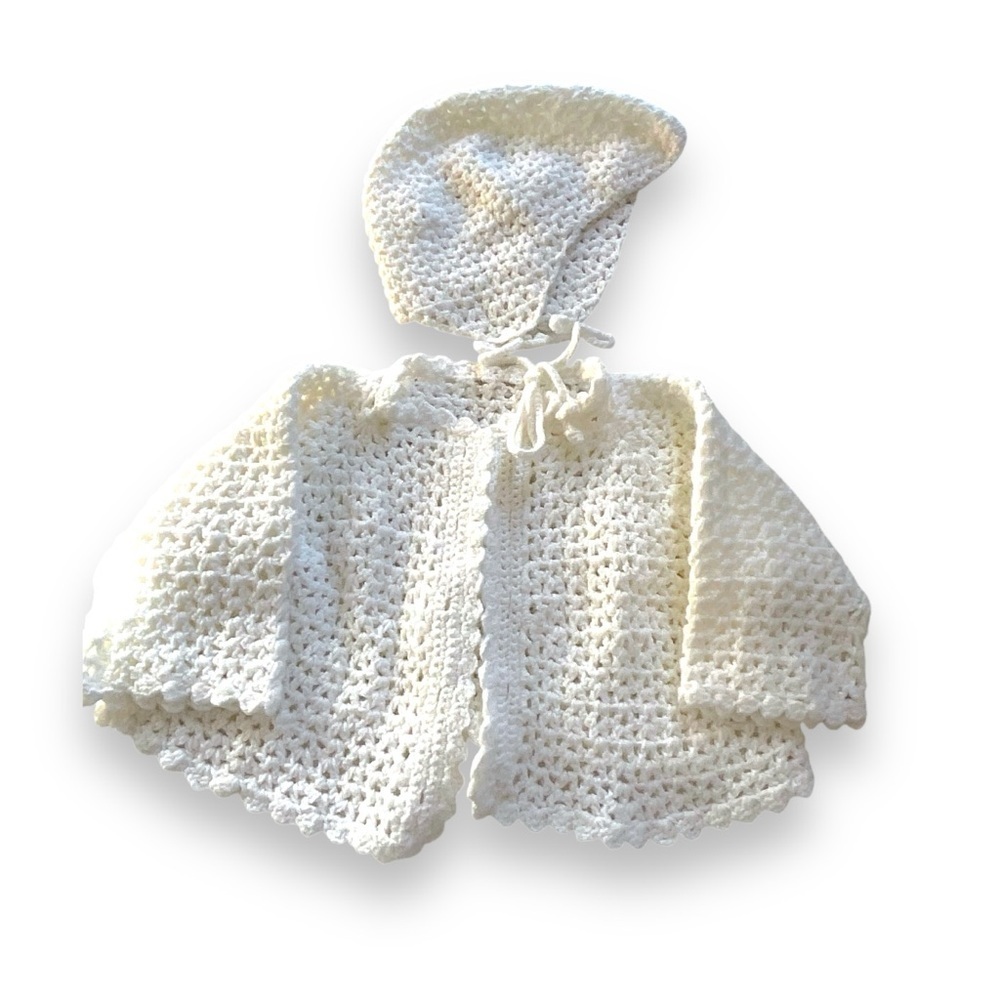 Vintage‎ Hand Knit Baby Sweater Hat Set Cream Button Cardigan Girls 12-18 Months